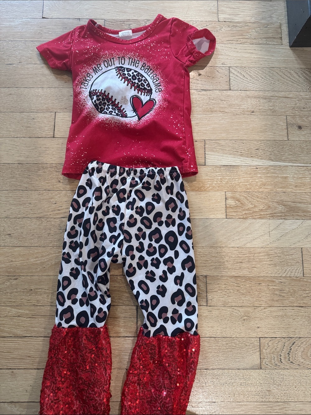 Kids Red Baseball Heart 2 piece Set with Leopard Print flare Pants